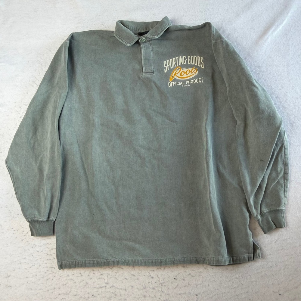 VTG Roots Sporting Goods Rugby Shirt Mens L/XL Green Long Sleeve Graphic Polo